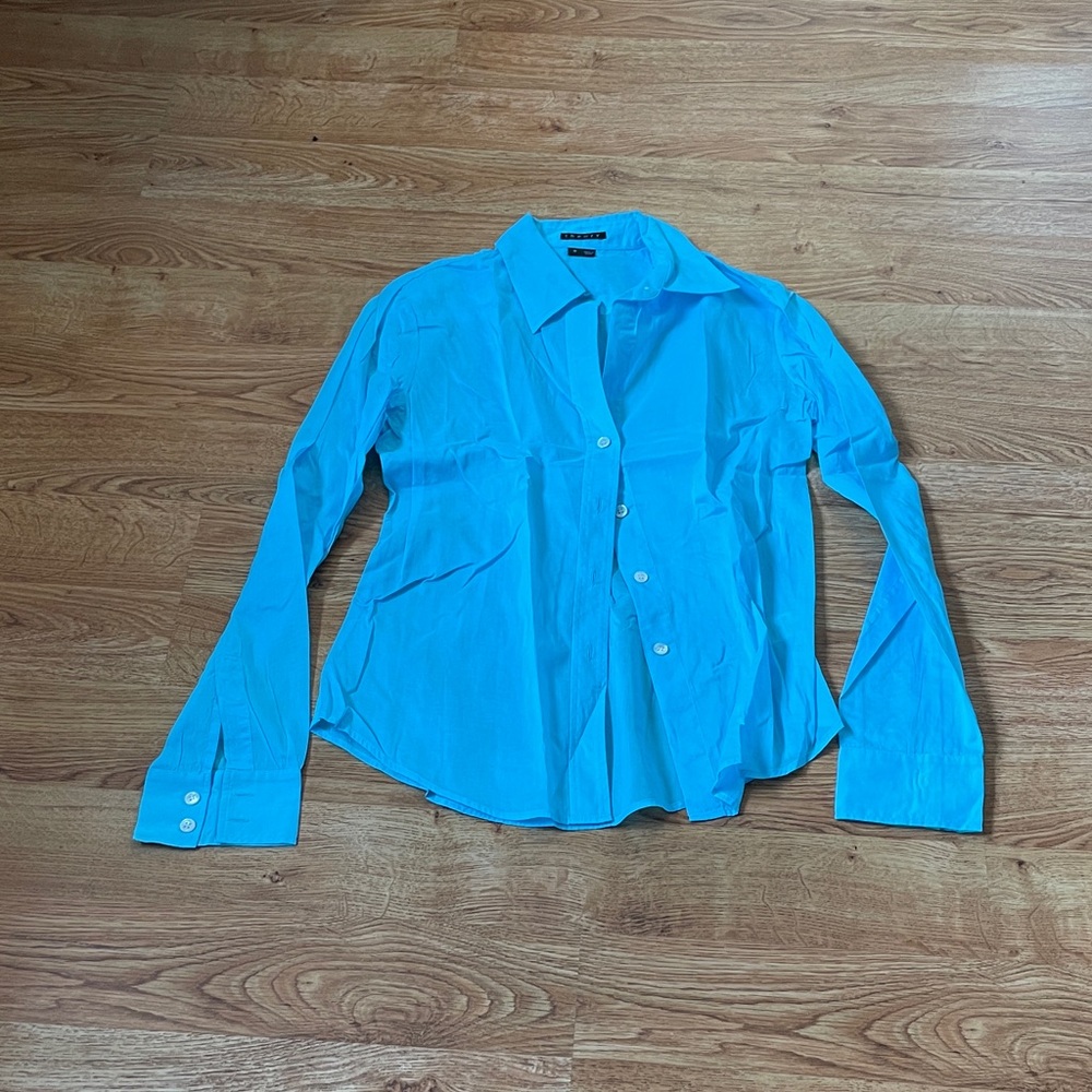 Theory Teal Button Down Shirt S Workwear Blouse Career Lightweight Minimalist